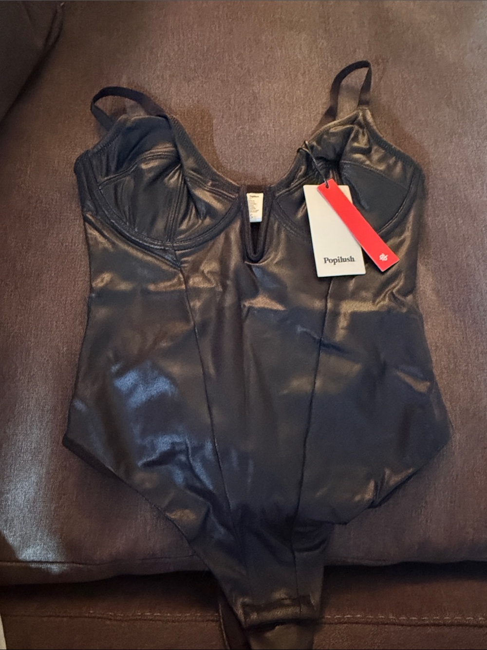 Popilush Black Faux Leather Bodysuit with Underwire Support